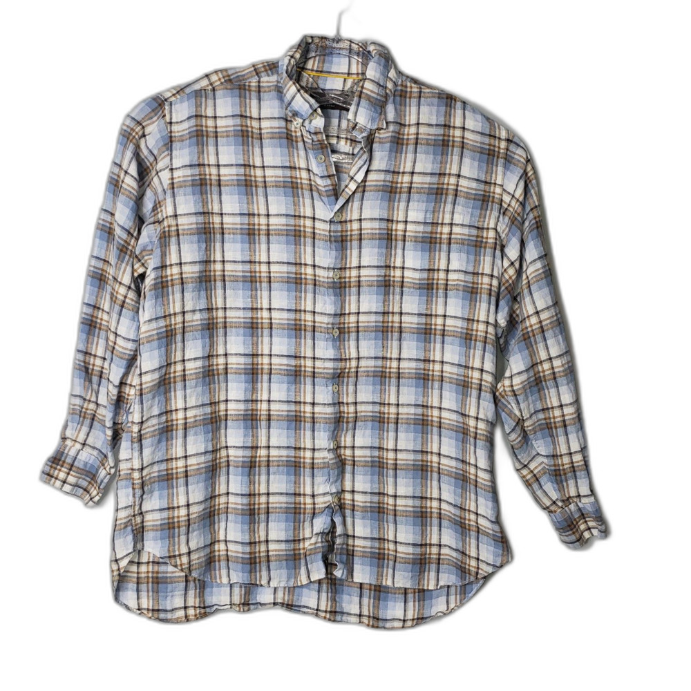 Robert Talbott Linen Long Sleeve Blue Brown Plaid Shirt Mens Size XL